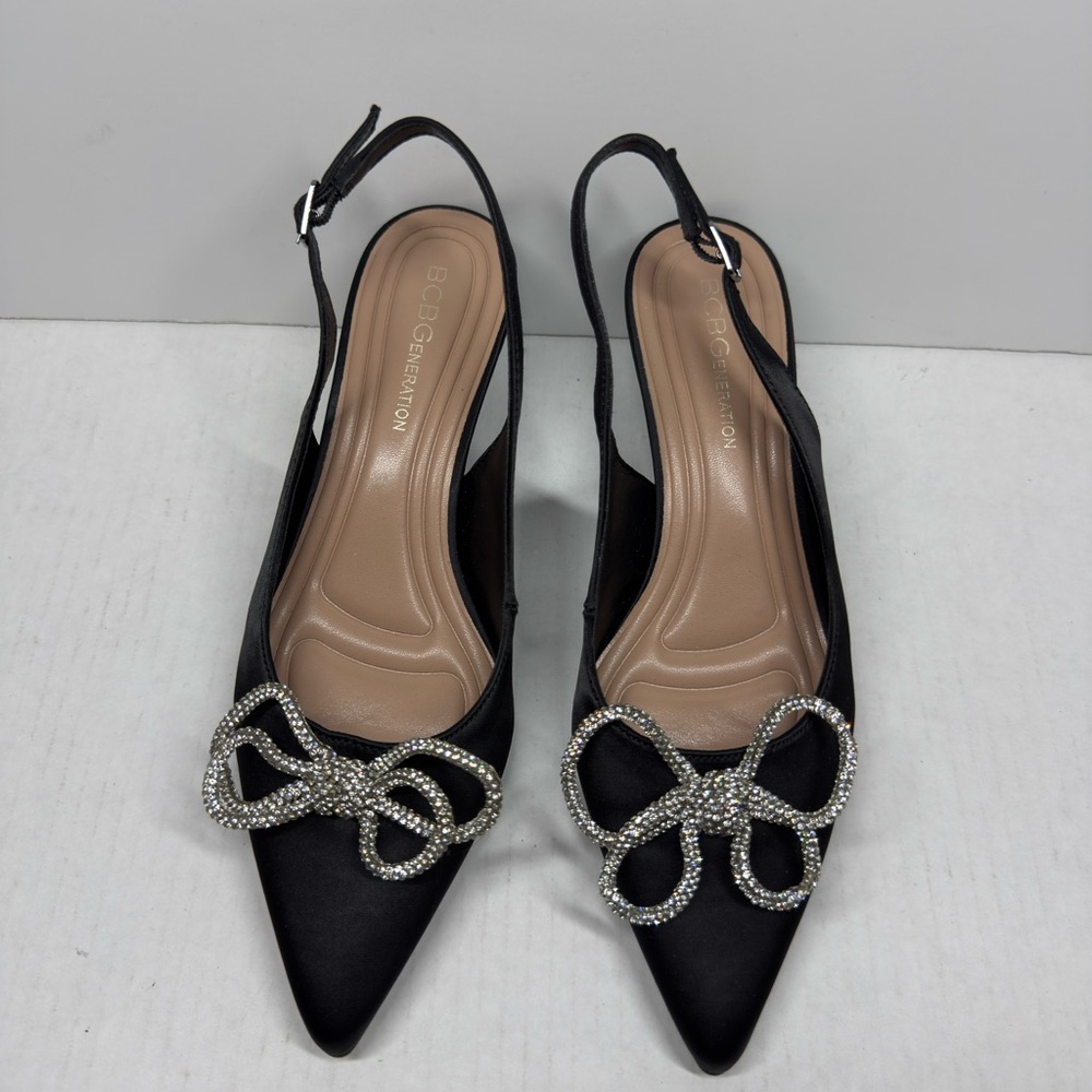 BCBGeneration Pointed Black Satin Slingback Rhinestone Bow Women 6.5M 2” Heels